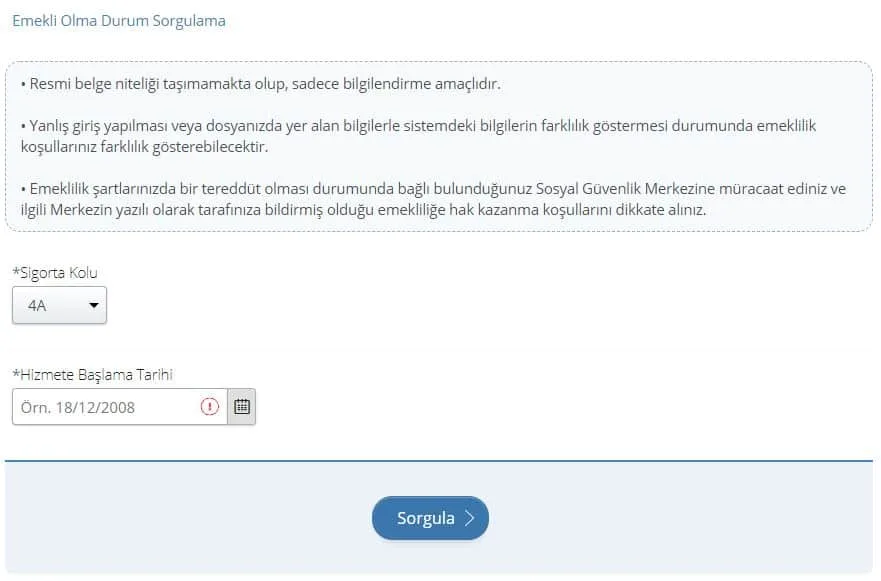 emeklilik hesaplama ekranı