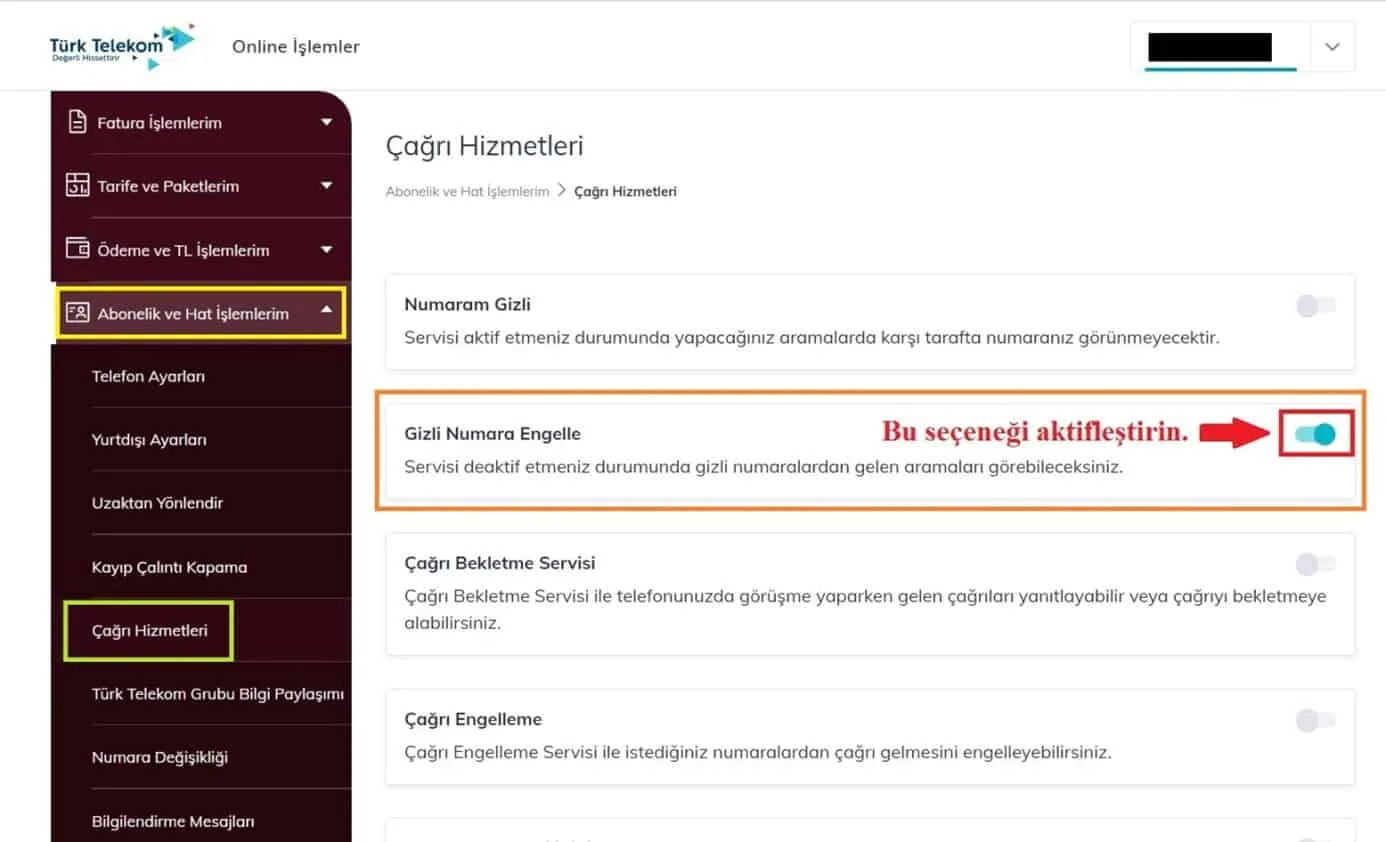 türk telekom numara kapatma ekranı