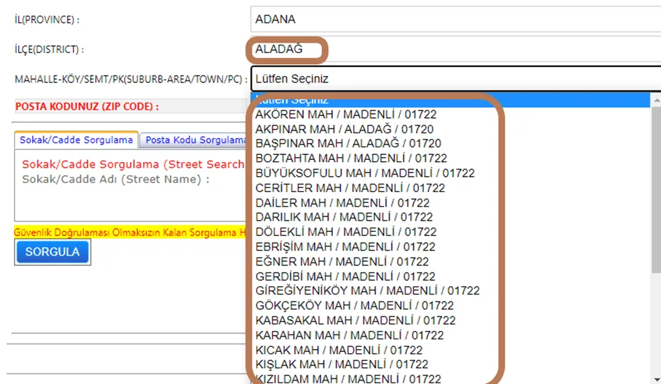PTT Posta Kodu Sorgulama (İllere Göre) 34
