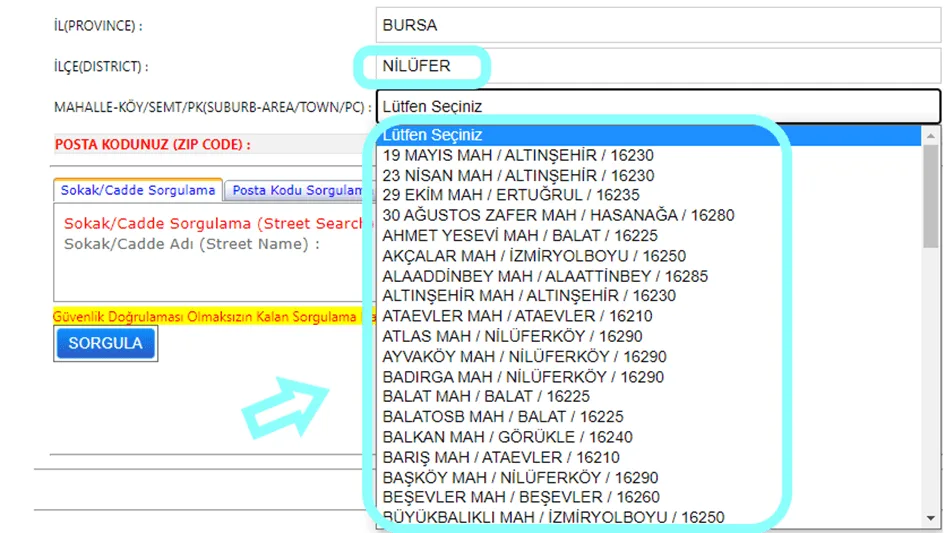 PTT Posta Kodu Sorgulama (İllere Göre) 57