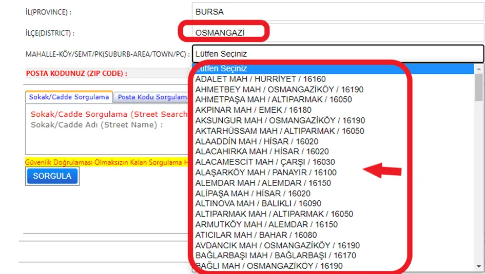 PTT Posta Kodu Sorgulama (İllere Göre) 58