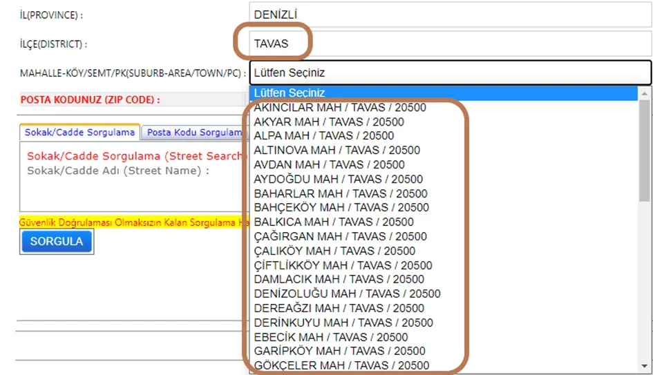 PTT Posta Kodu Sorgulama (İllere Göre) 93