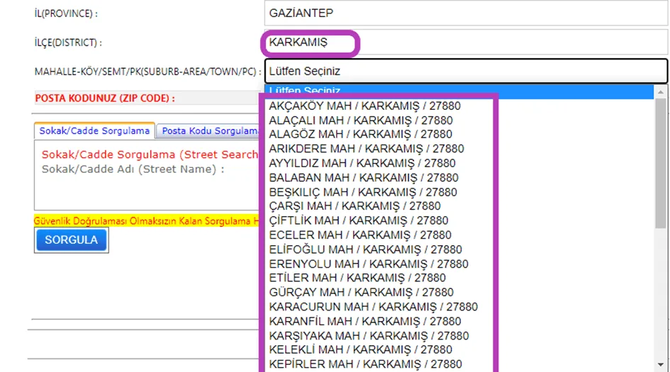 PTT Posta Kodu Sorgulama (İllere Göre) 109