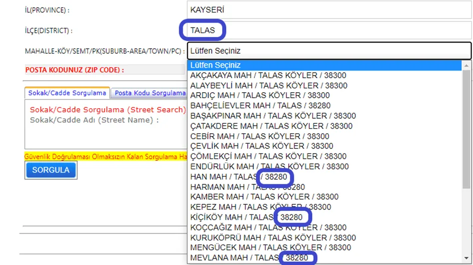PTT Posta Kodu Sorgulama (İllere Göre) 117
